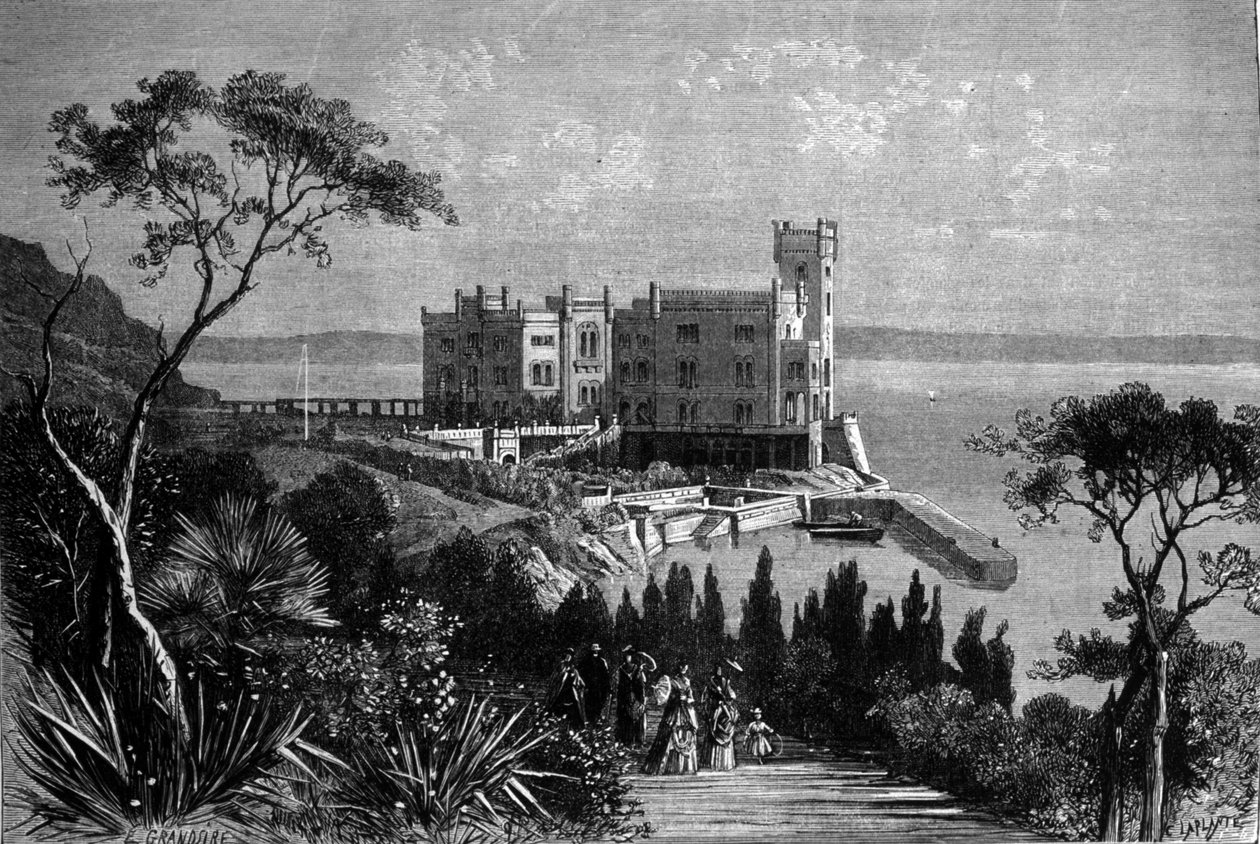 Ansicht des Schlosses Miramare in Triest (während der österreichischen Periode), Gravur von 1885 von Unknown artist