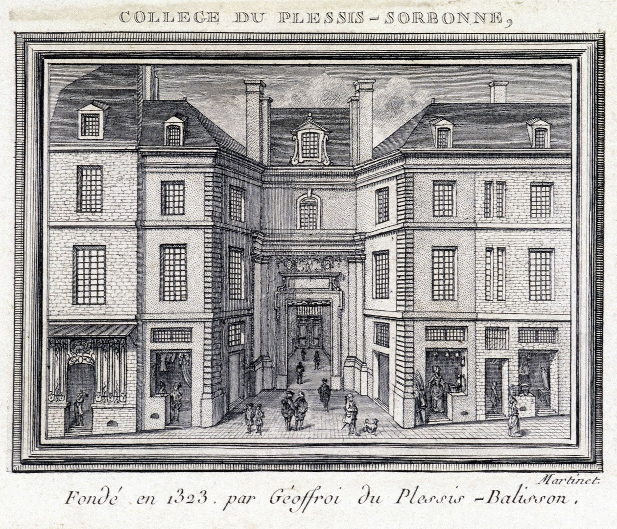 Ansicht der Außenfassade des Plessis-Sorbonne-Kollegs (Paris), gegründet 1323 von Geoffroy von Plessis Balisson, genutzt von 1848 bis 1849 von der ENA. Gravur im Musée Carnavalet, Paris von Unknown artist