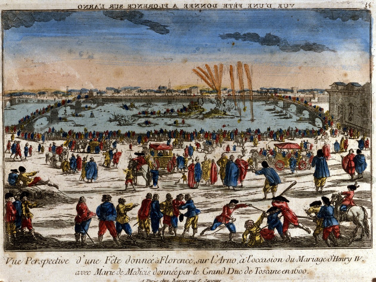 Ansicht des Festes, das in Florenz am Ufer des Arno von Großherzog der Toskana anlässlich der Hochzeit von Heinrich IV. mit Maria von Medici im Jahr 1600 gegeben wurde. Gravur von Unknown artist
