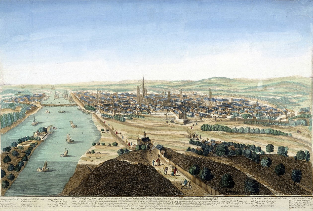 Ansicht des Hafens und der Stadt Rouen; Gravur des 18. Jahrhunderts von Unknown artist