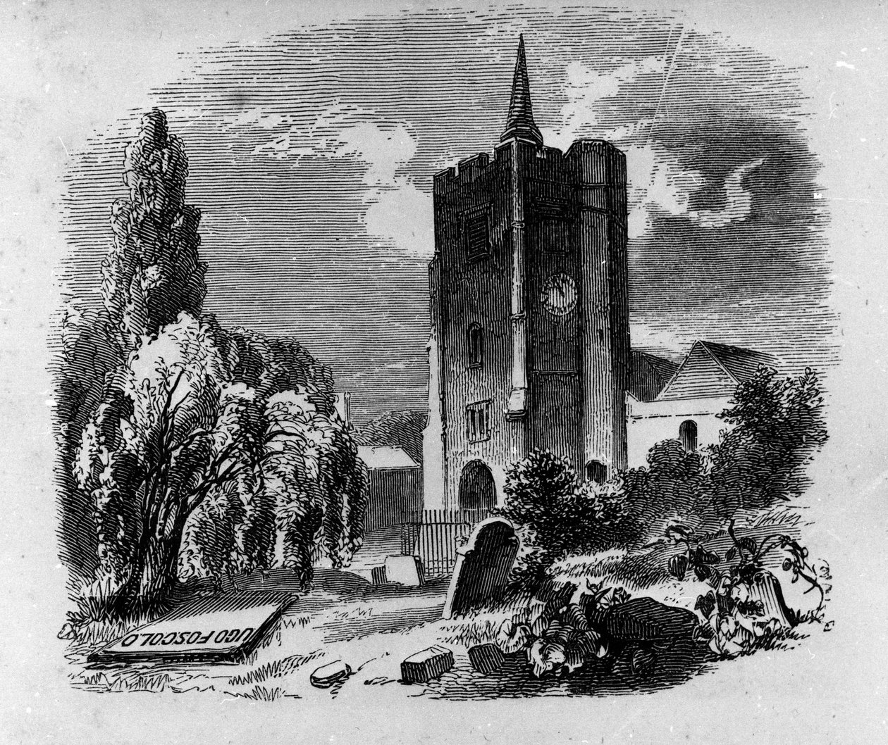 Ansicht des Grabes des italienischen Dichters und Dramatikers Ugo Foscolo (1778-1827) auf dem Friedhof von Chiswick in London. Gravur aus dem 19. Jahrhundert von Unknown artist