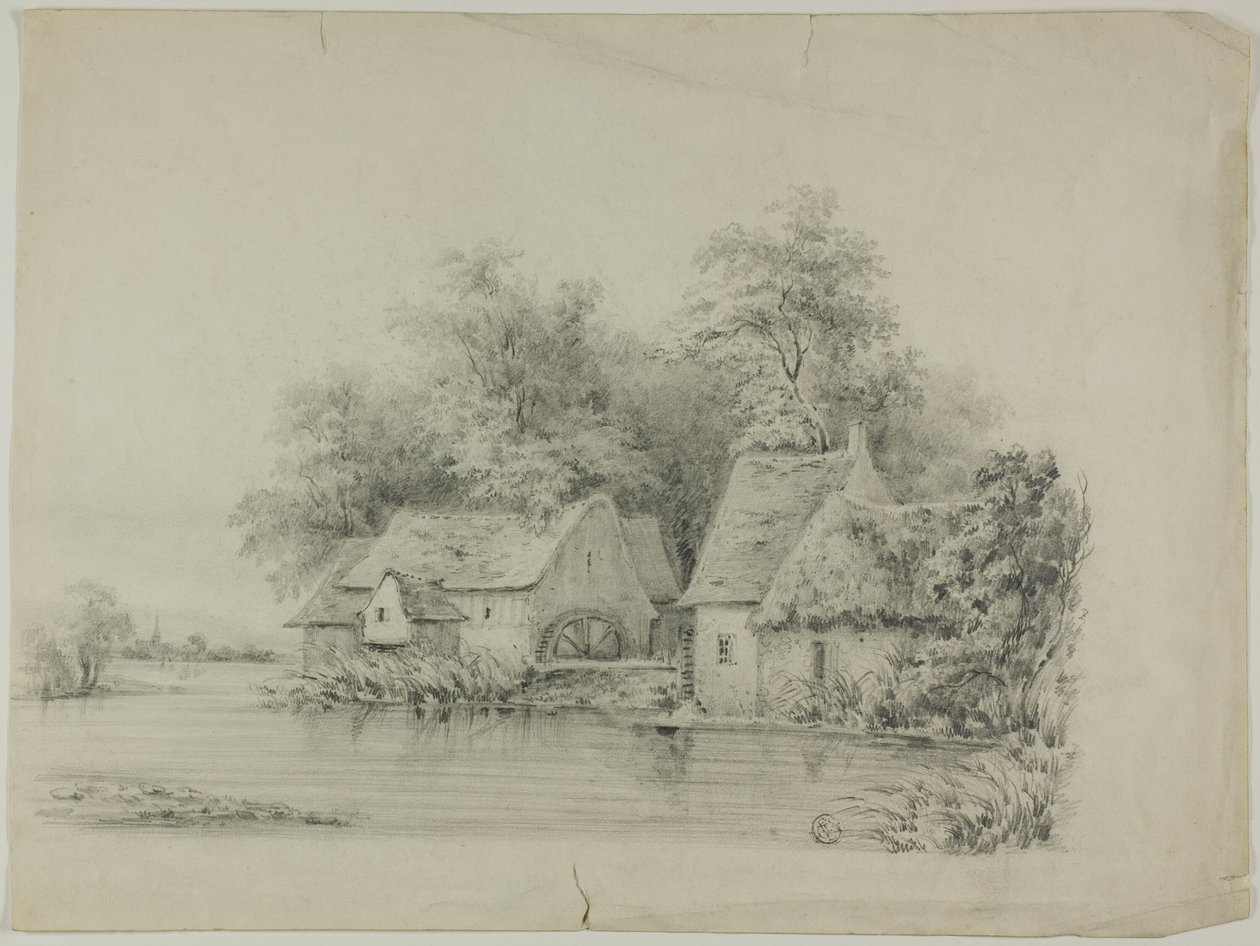 Wassermühle und Hütte mit Strohdächern von Unknown artist