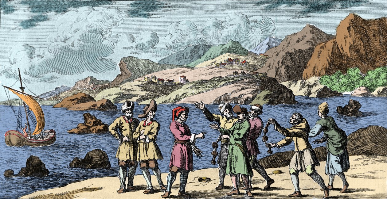 Hexerei und Glauben: Finnen und Sami provozieren einen Sturm durch die Magie von drei Knoten. Gravur aus „Mundi Mirabilis Oeconomia“ von Johann Zahn (1631-1707) von Unknown artist
