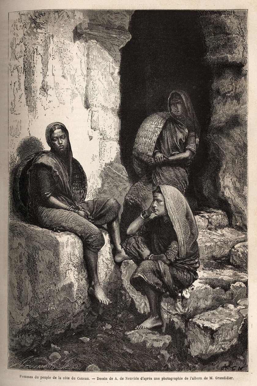 Frauen des Volkes der Concau-Küste (oder Konkan, Nordküste Indiens). Gravur zur Illustration der Reise in die südlichen Provinzen Indiens, von Alfred Grandidier, 1862-1864, veröffentlicht in „Le tour du monde“, 1869, herausgegeben von Edouard Charton von Unknown artist