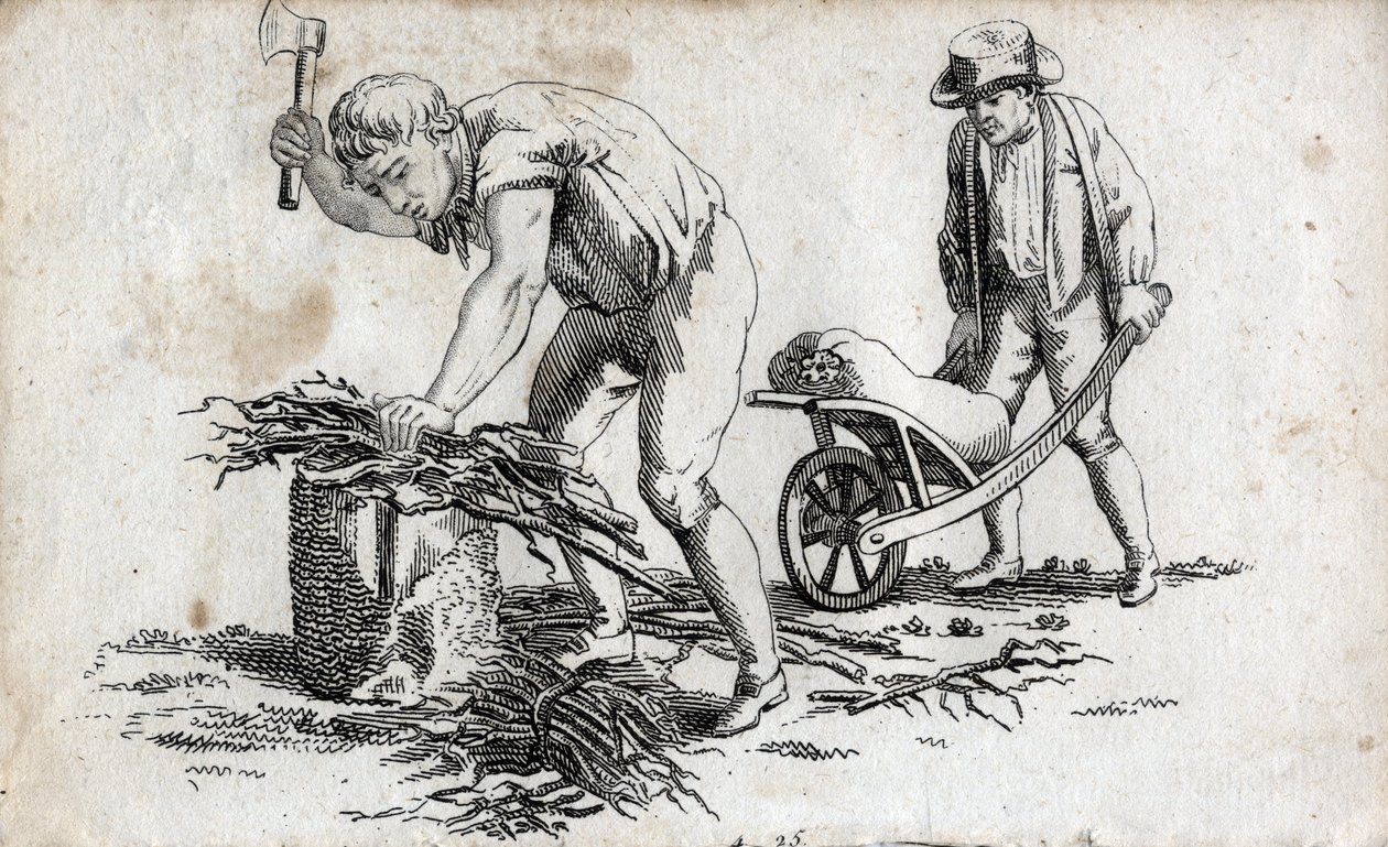 Holzfäller, die Holz bündeln, und ein Mann, der Bündel auf einer Schubkarre trägt. Gravur Ende des 18. Jahrhunderts. Private Sammlung von Unknown artist
