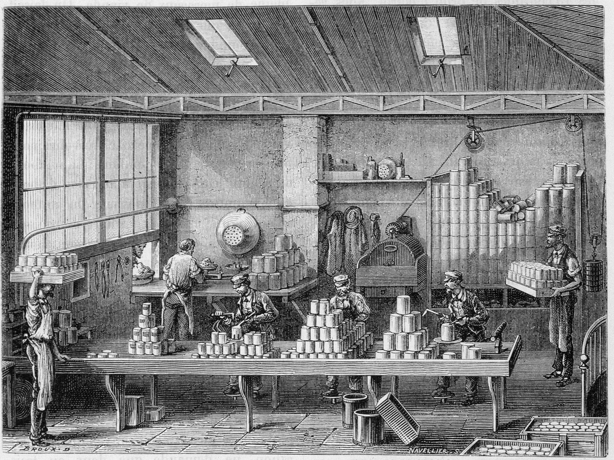 Werkstatt zum Befüllen und Löten von Dosen - in „Die Wunder der Industrie“ von Louis Figuier von Unknown artist