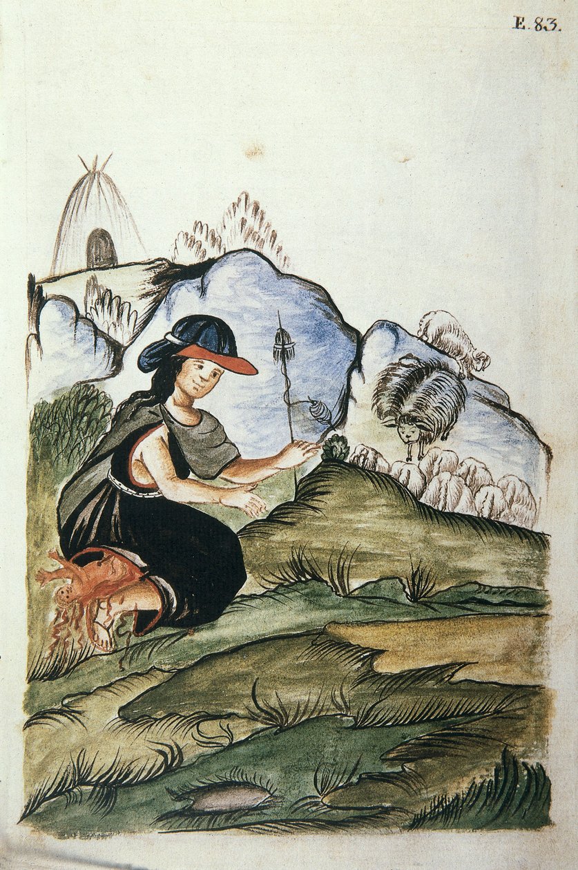 Junge indische Schäferin, die in der Natur gebiert, aus dem Buch 