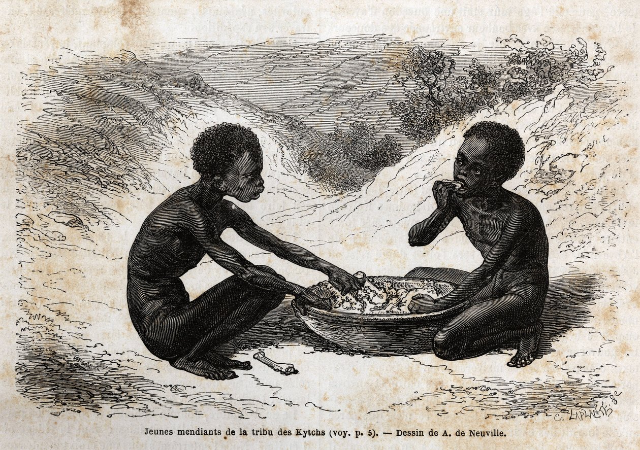 Junge Bettler des Kychi-Stammes (im Gebiet des Oberen Nils) nehmen eine Mahlzeit im Austausch für ein paar Bündel. Gravur zur Illustration der Reise zum Albertsee von Unknown artist