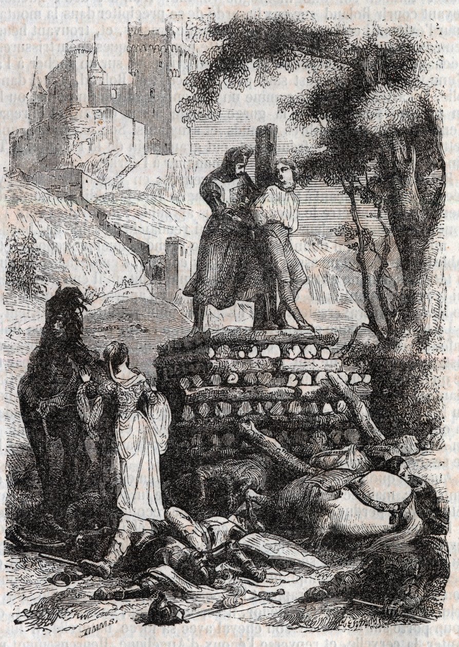 Zerbin auf dem Scheiterhaufen, befreit von Roland (Gravur von 1851 aus „Furioser Roland“) von Unknown artist