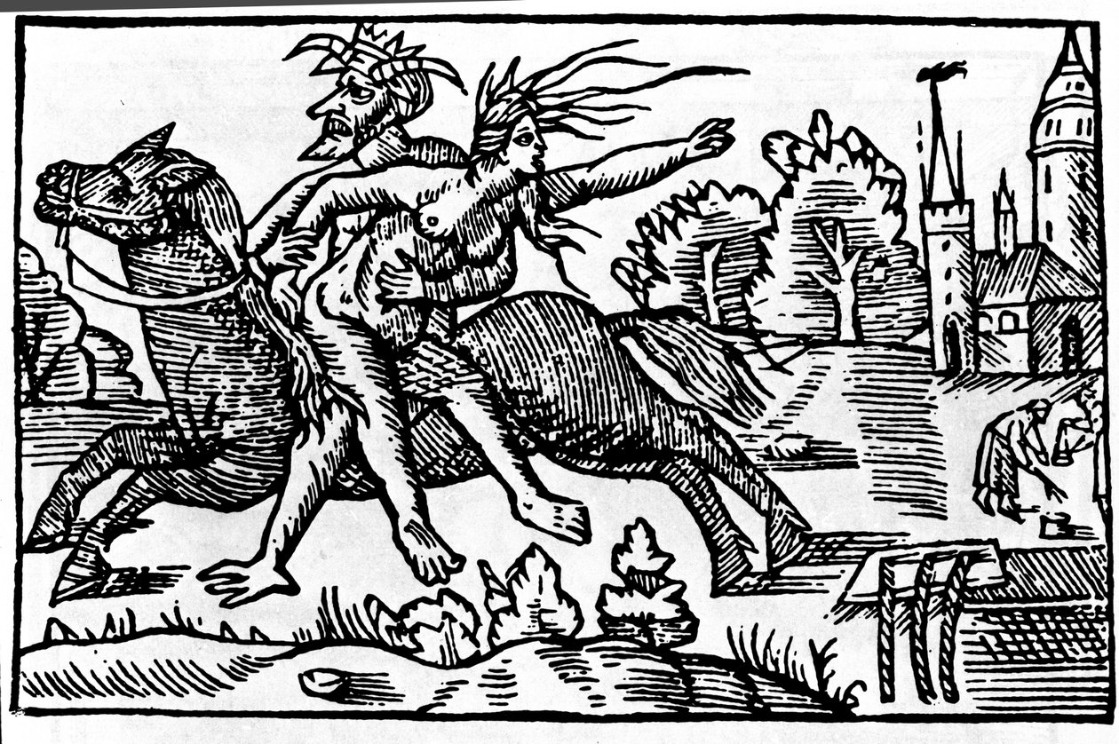 Der Teufel nimmt eine Hexe von einem Pferd und bringt sie in die Hölle. Holzschnitt aus dem 16. Jahrhundert von Unknown artist