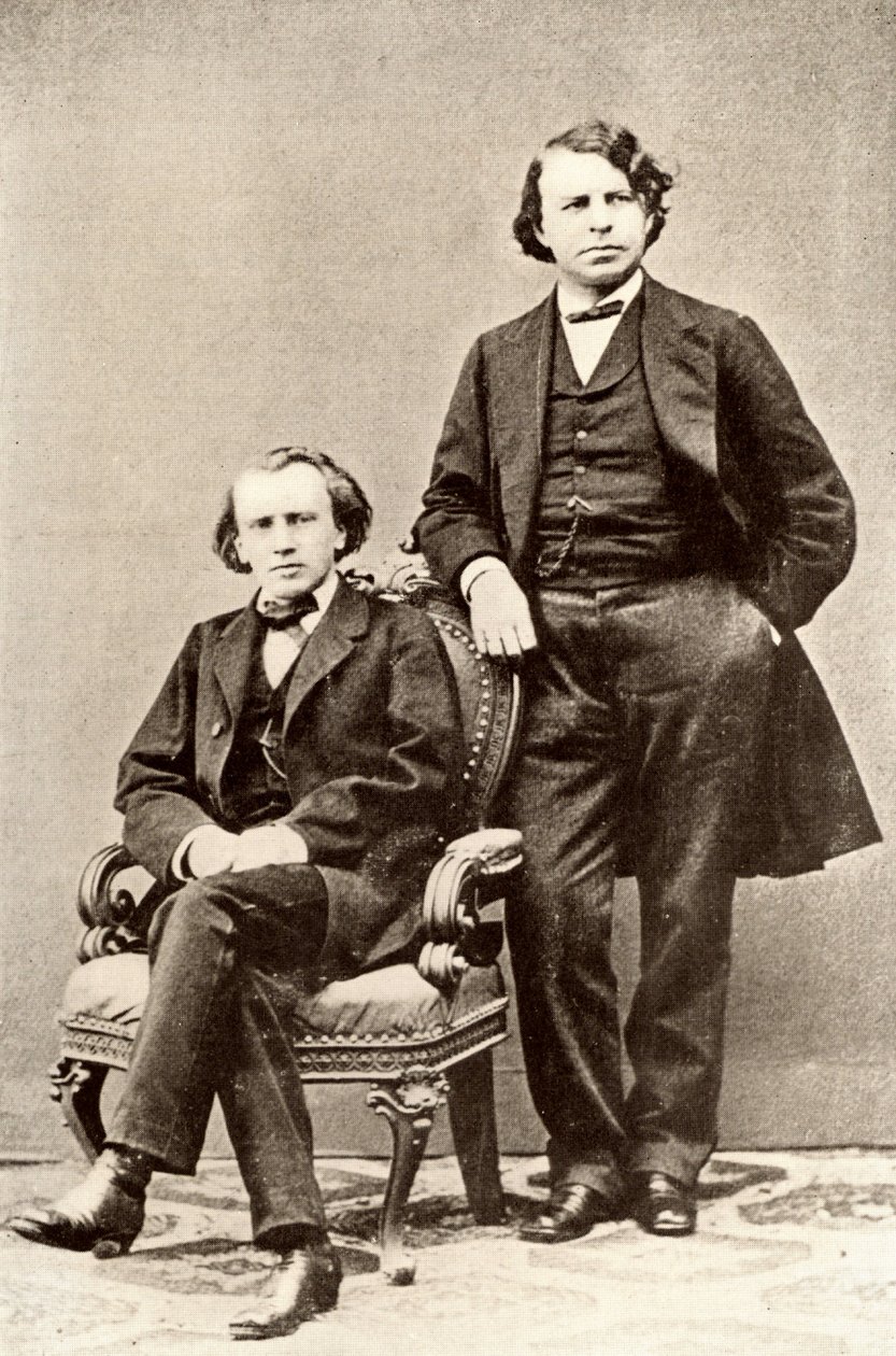 Johannes Brahms (1833-1897) deutscher Komponist, sitzend, mit Joseph Joachim (1831-1907) ungarischer Geiger und Komponist, und Direktor des Berliner Konservatoriums. Halbton von einem Foto von Unknown photographer