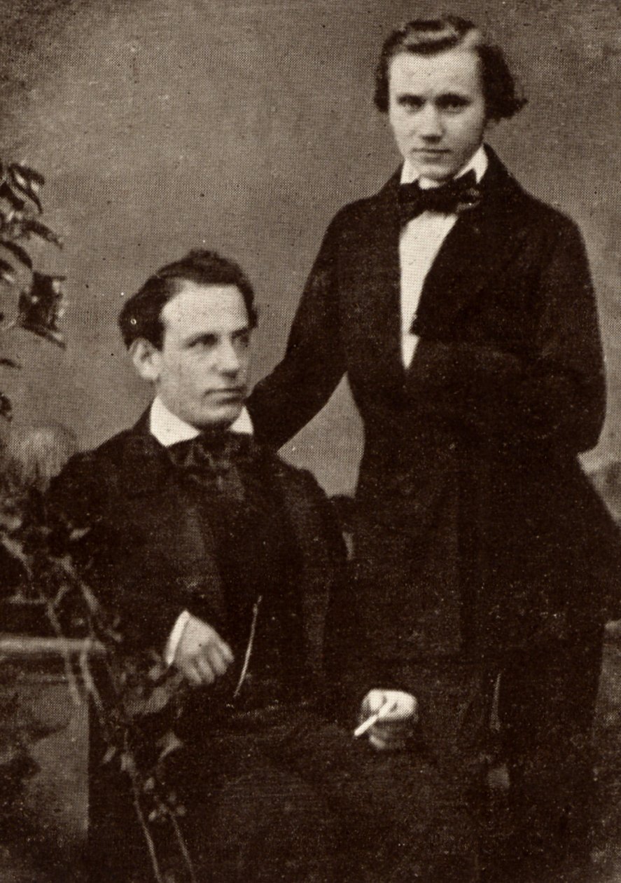 Johannes Brahms (1833-1897) deutscher Komponist, stehend, mit dem ungarischen Geiger Eduard Remenyi (1828-1898), mit dem er auf Tournee ging (Halbton von einem Foto) von Unknown photographer