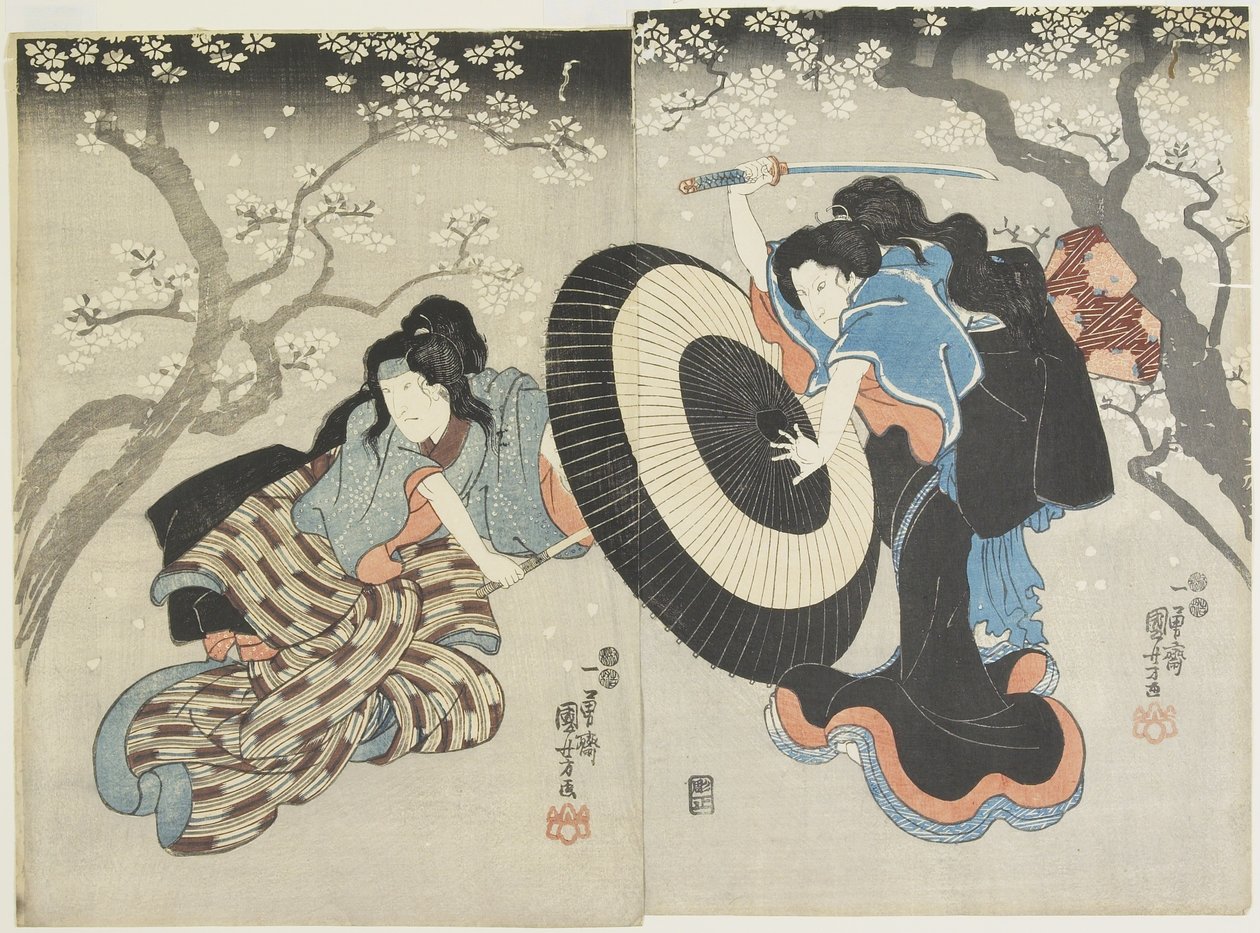 Zwei Frauen kämpfen unter einem Kirschbaum, eine Szene aus einem Kabuki-Stück, 1847-1852 von Utagawa Kuniyoshi