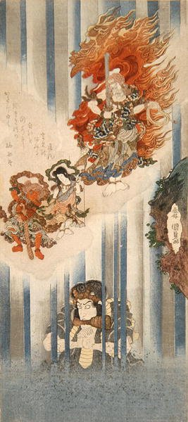 Schauspieler Ichikawa Danjuro VII als Mongaku und Matsumoto Koshiro V als Fudo-myoo von Utagawa Kunisada