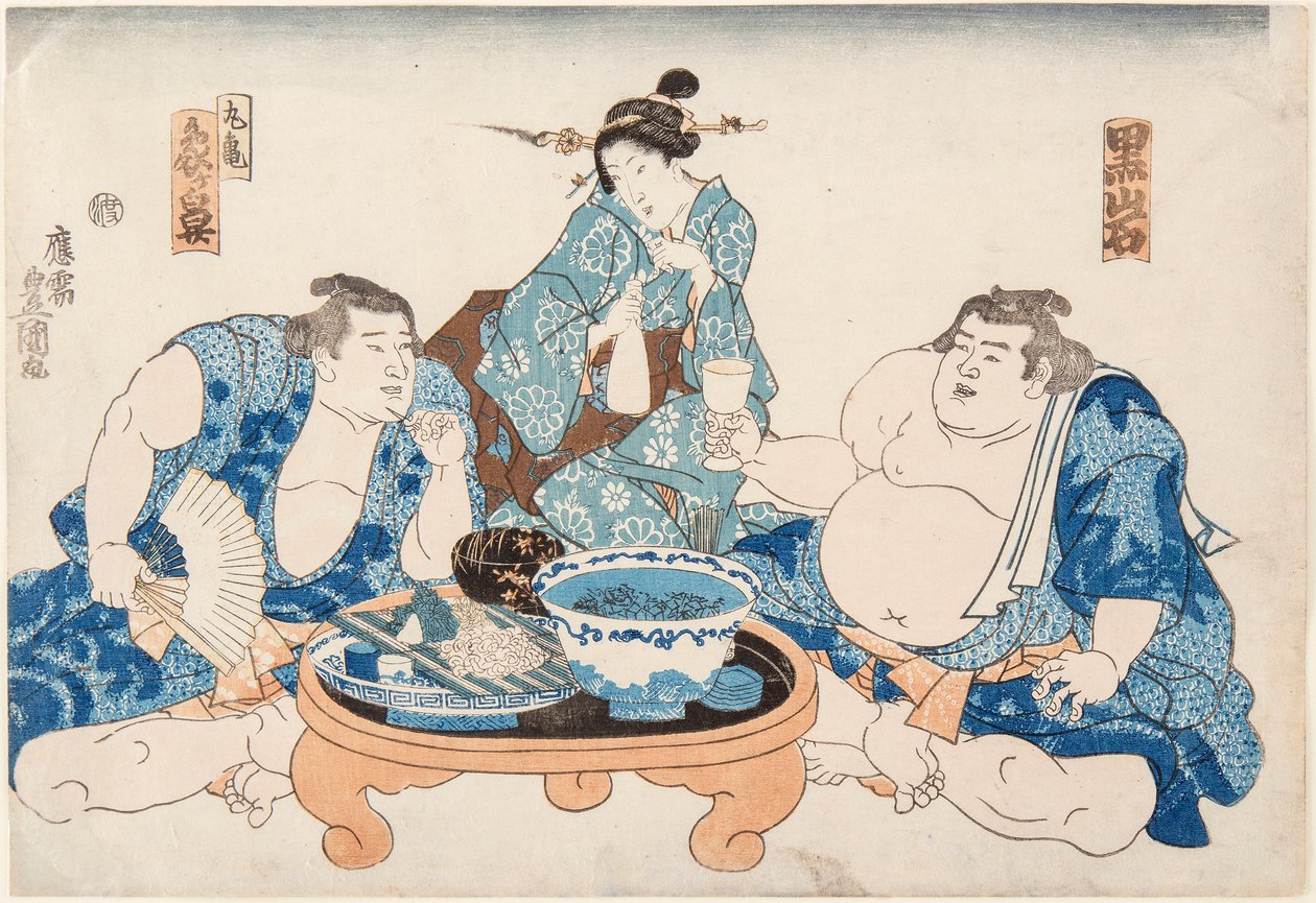 Die Sumo-Ringer Kuroiwa und Zogahana mit einer Geisha von Utagawa Kunisada