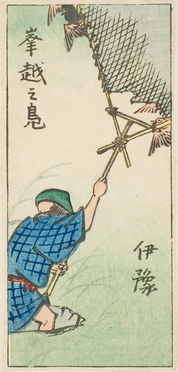 Fangen von Wildenten in der Provinz Iyo (Iyo, okoshi no kamo), Abschnitt des Blattes Nr. 16 aus der Serie "Ausschnittbilder der Provinzen (Kunizukushi harimaze zue)" von Utagawa Hiroshige