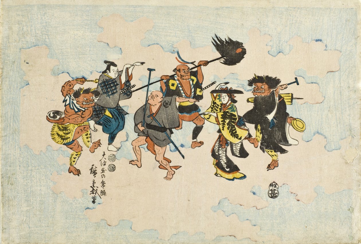 Figuren aus Ōtsu-e-Volksgemälden tanzen Bon-odori von Utagawa Hiroshige