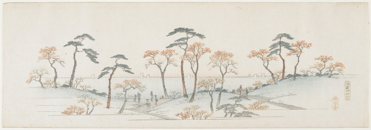 Bunte Blätter am Kaianji-Tempel, 1837-1844 von Utagawa Hiroshige