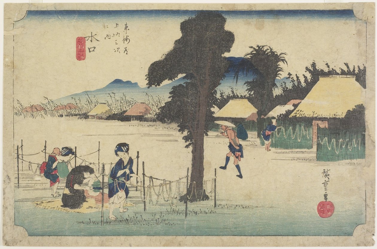 Trocknen von Kürbisspänen, Minakuchi, ca. 1833 von Utagawa Hiroshige