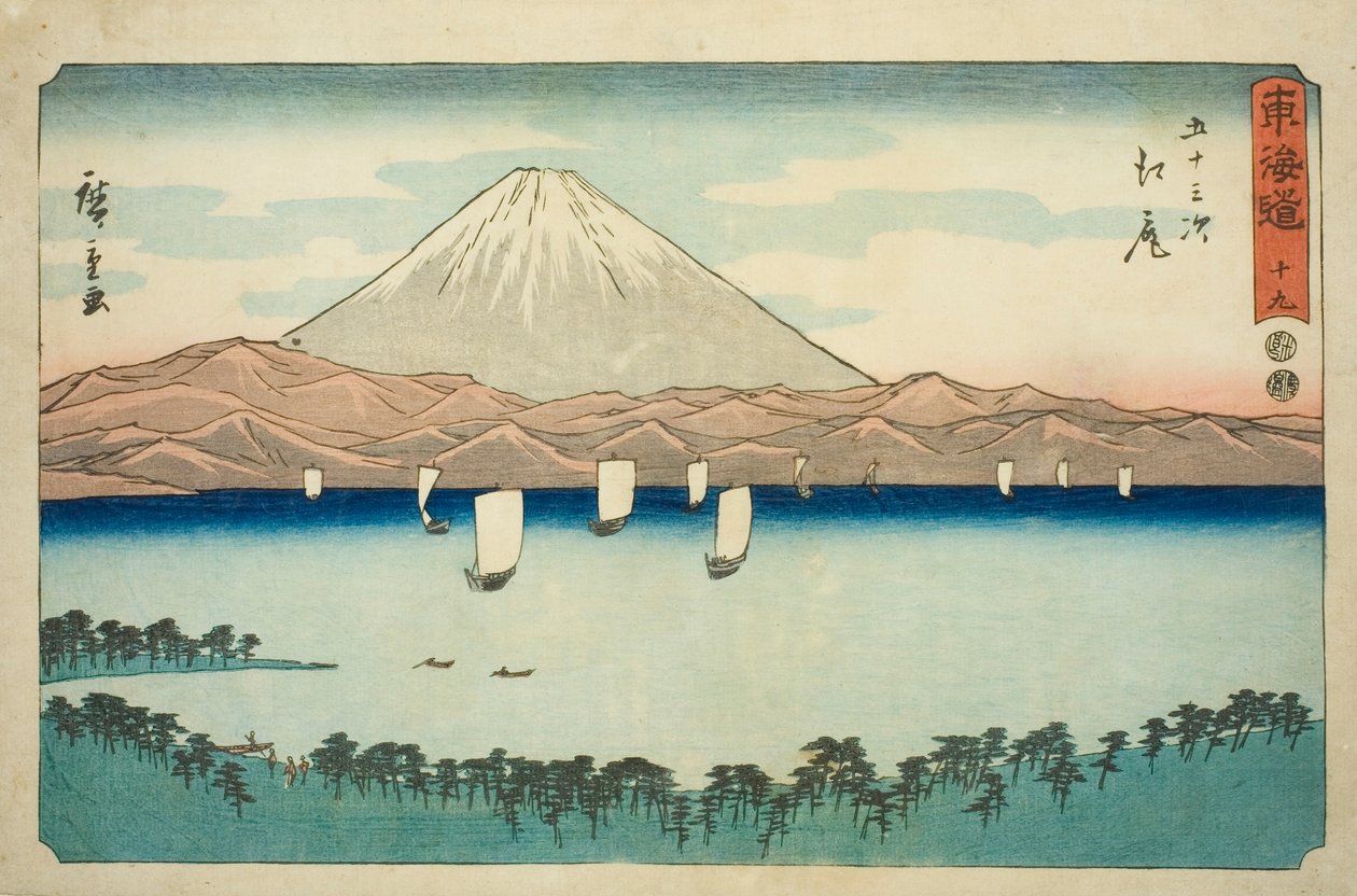 Ejiri—Nr. 19, aus der Serie „Dreiundfünfzig Stationen des Tokaido (Tokaido gojusan tsugi),“ auch bekannt als der Reisho Tokaido von Utagawa Hiroshige