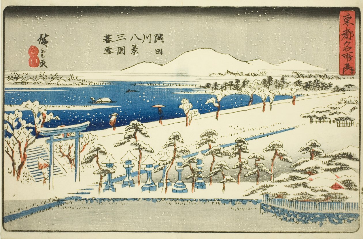 Abendschnee in Mimeguri, Acht Ansichten des Sumida-Flusses (Sumidagawa hakkei, Mimeguri bosetsu), aus der Serie "Berühmte Orte in der östlichen Hauptstadt (Toto meisho no uchi)" von Utagawa Hiroshige