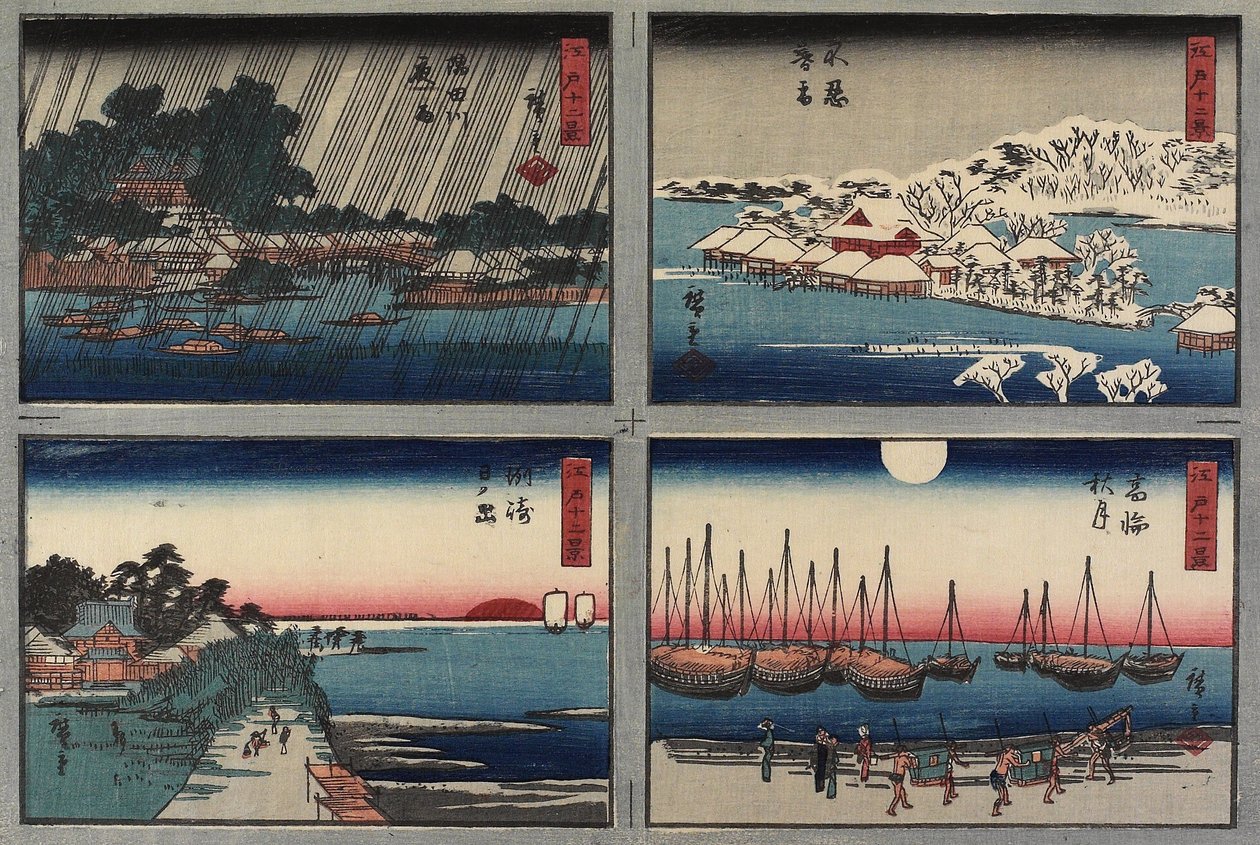 Abendschnee in Shinobazu, Herbstmond in Takanawa, Sonnenaufgang in Susaki, Nachtregen am Sumida-Fluss, 1843-1847 von Utagawa Hiroshige