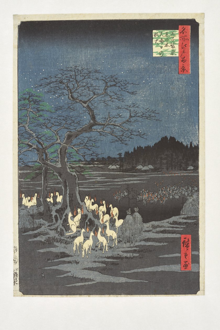 Fuchsfeuer in der Neujahrsnacht unter dem Nesselbaum bei Oji aus der Serie „100 berühmte Ansichten von Edo“ von Utagawa Hiroshige
