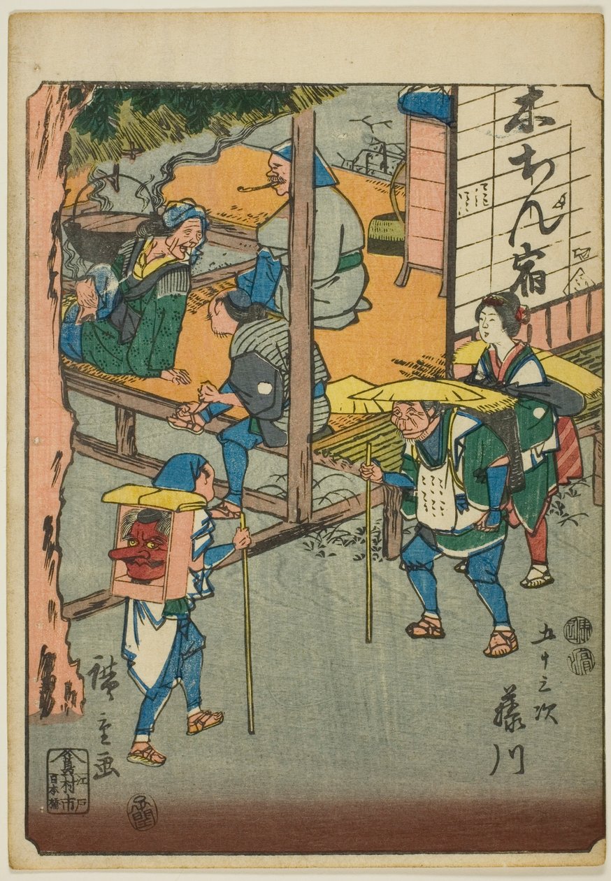 Fujikawa, aus der Serie "Dreiundfünfzig Stationen [der Tokaido]", auch bekannt als Figur-Tokaido von Utagawa Hiroshige