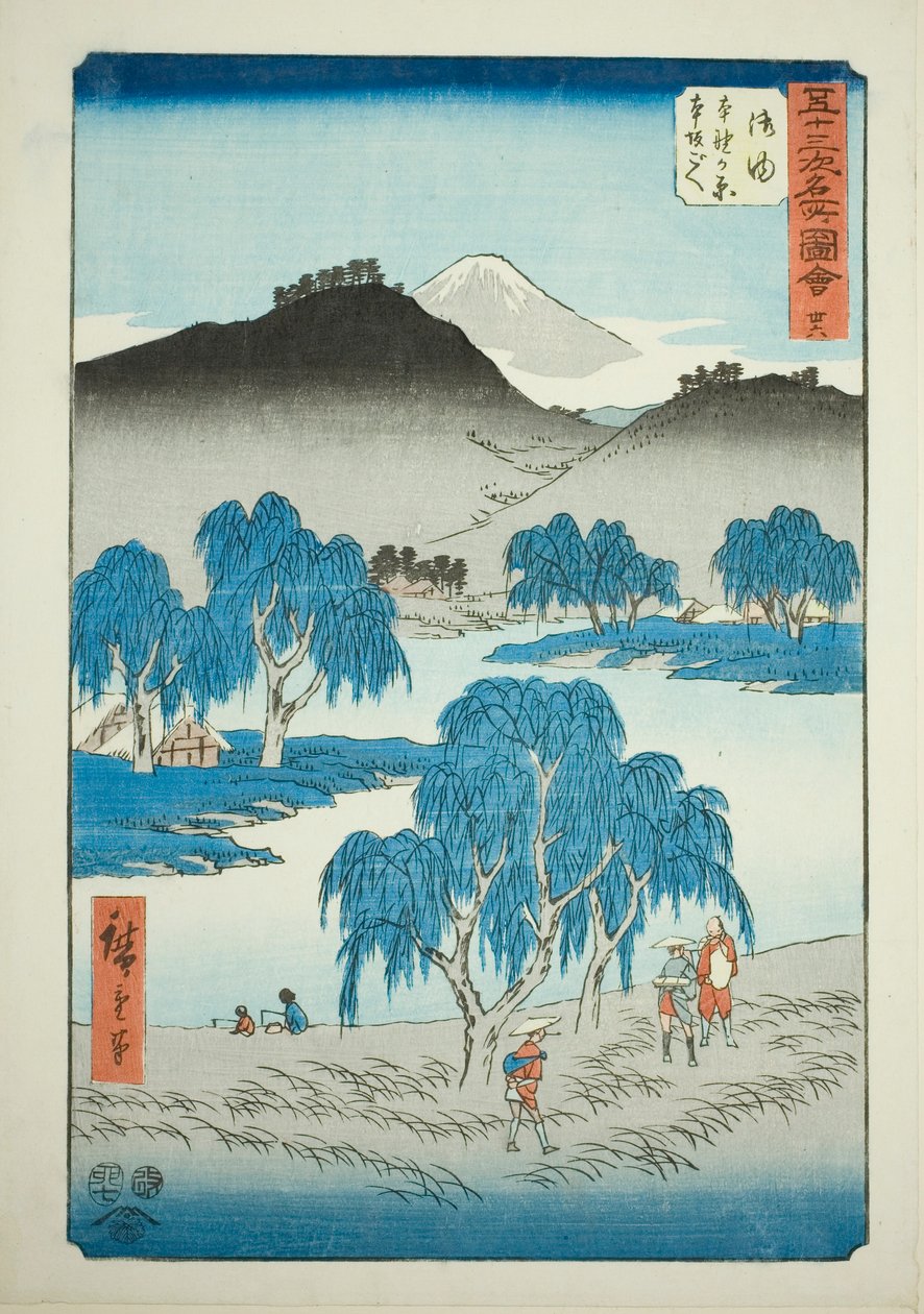 Goyu: Motono-Ebene und Motosaka-Pass (Goyu, Motonogahara Motozaka goe), Nr. 36 aus der Serie "Berühmte Ansichten der dreiundfünfzig Stationen (Gojusan tsugi meisho zue)", auch bekannt als das vertikale Tokaido von Utagawa Hiroshige