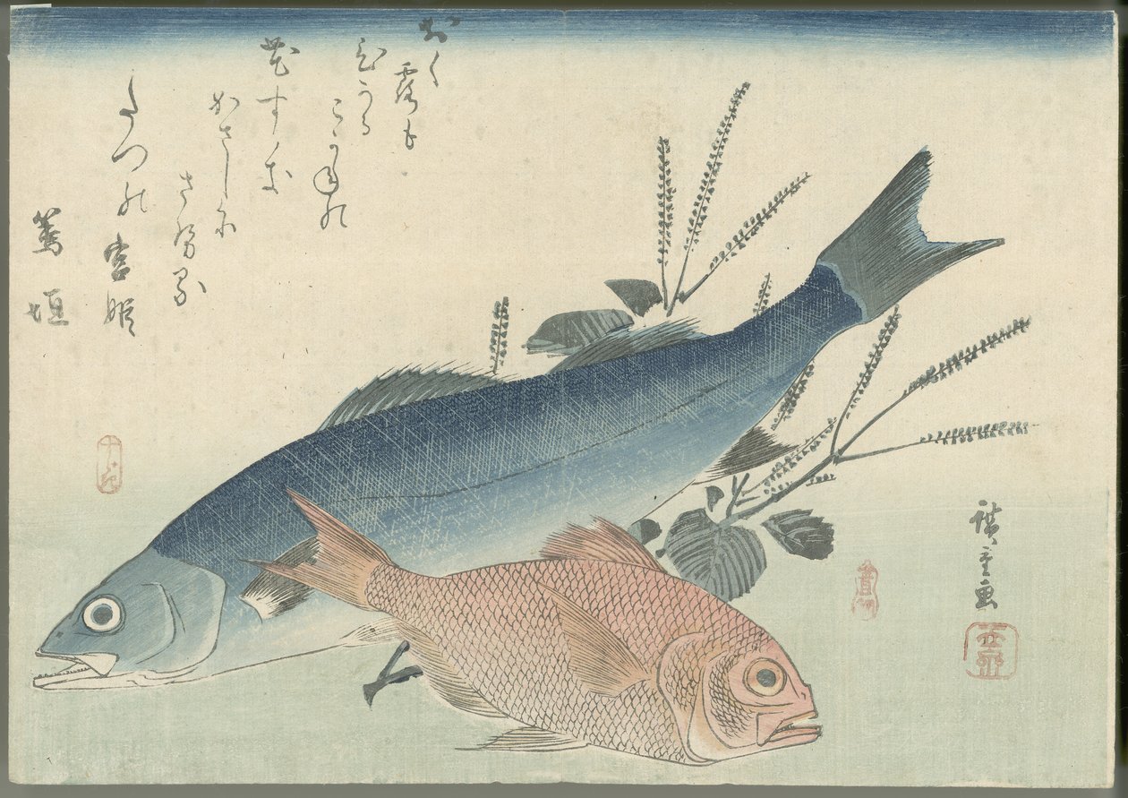 Japanischer Wolfsbarsch, Goldaugenbrasse und Shiso-Pflanze von Utagawa Hiroshige