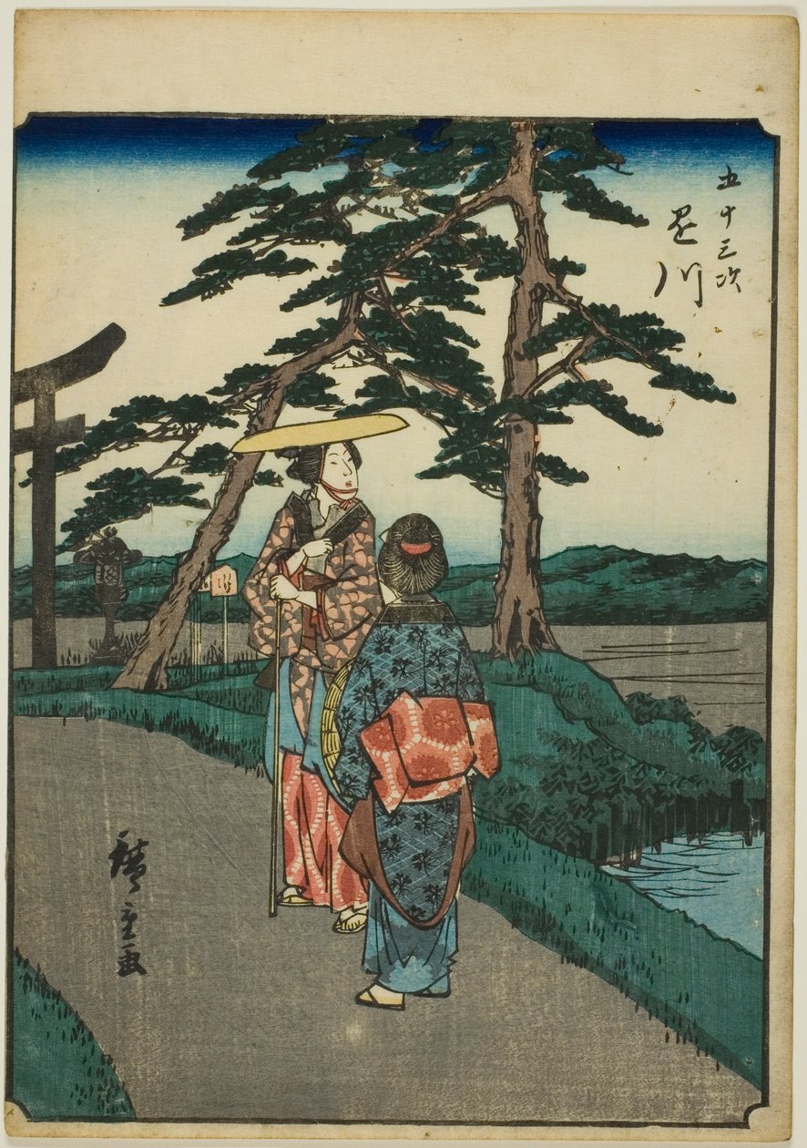 Kakegawa, aus der Serie "Dreiundfünfzig Stationen [des Tokaido] (Gojusan tsugi)", auch bekannt als der Figuren-Tokaido (Jinbutsu Tokaido) von Utagawa Hiroshige