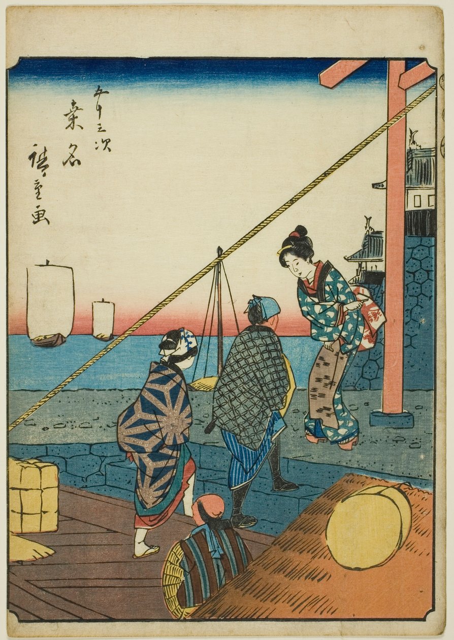 Kuwana, aus der Serie "Dreiundfünfzig Stationen [des Tokaido] (Gojusan tsugi)," auch bekannt als der Figuren-Tokaido (Jinbutsu Tokaido) von Utagawa Hiroshige