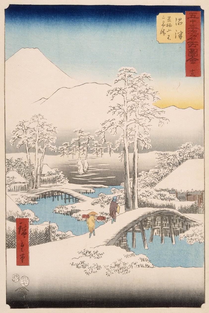 Berg Fuji und Berg Ashigara von Numazu bei klarem Wetter nach einem Schneefall von Utagawa Hiroshige