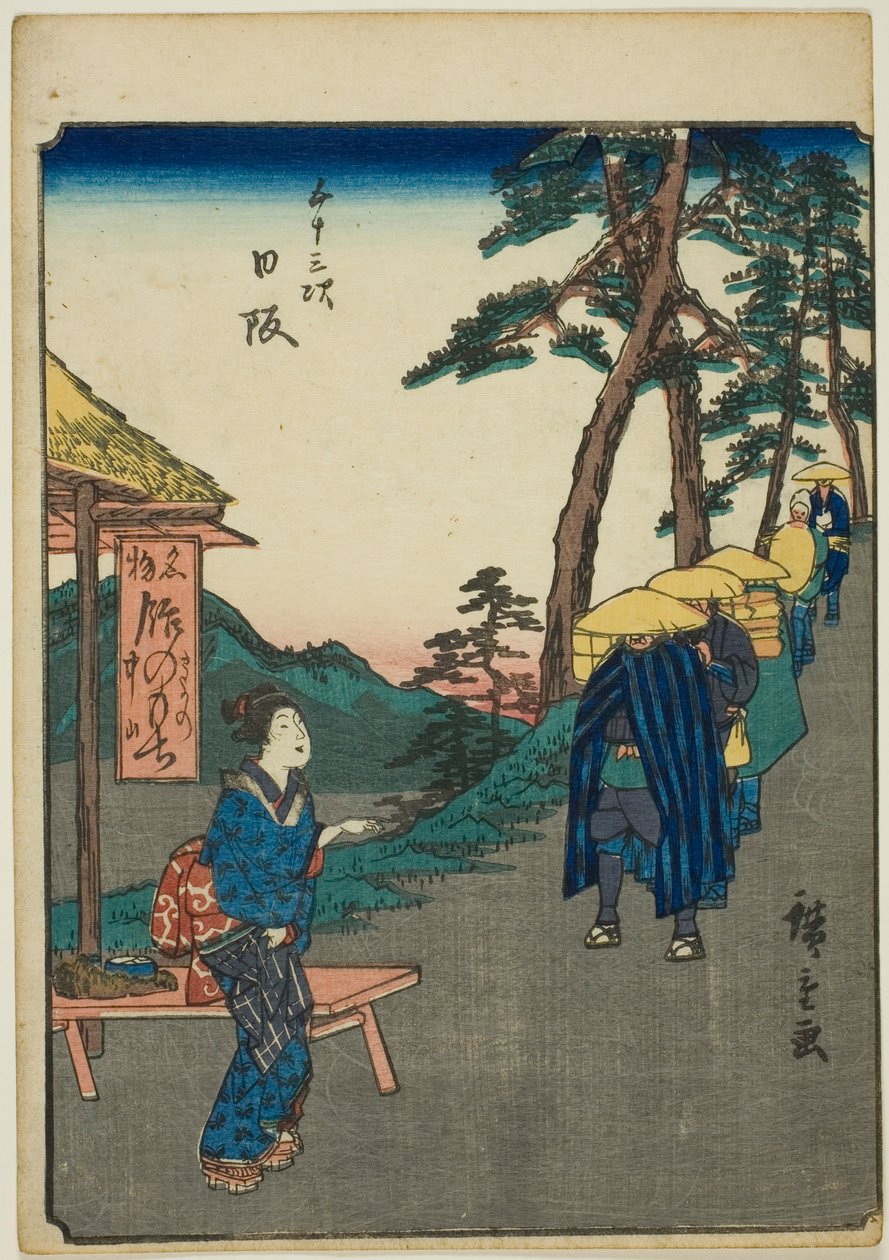 Nissaka, aus der Serie "Dreiundfünfzig Stationen [des Tokaido] (Gojusan tsugi)," auch bekannt als die Figuren-Tokaido (Jinbutsu Tokaido) von Utagawa Hiroshige