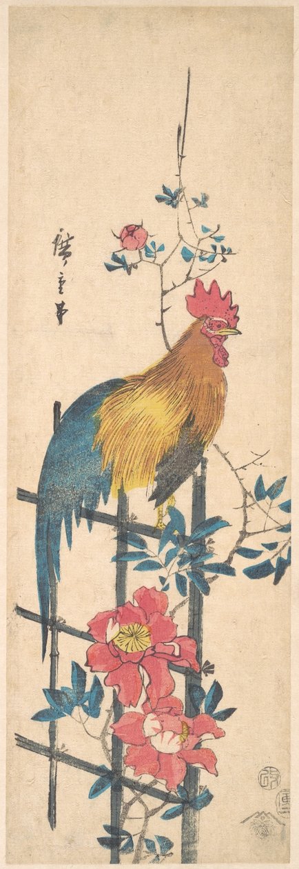 Pfingstrose und Hahn von Utagawa Hiroshige