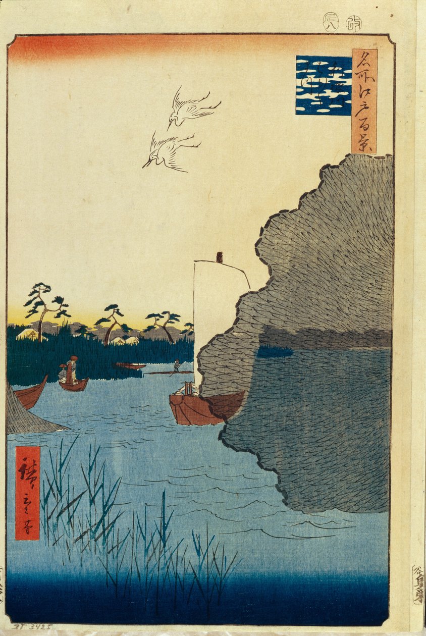 Verstreute Kiefern am Tone-Fluss, Hundert berühmte Ansichten von Edo, 1856-1858 von Utagawa Hiroshige