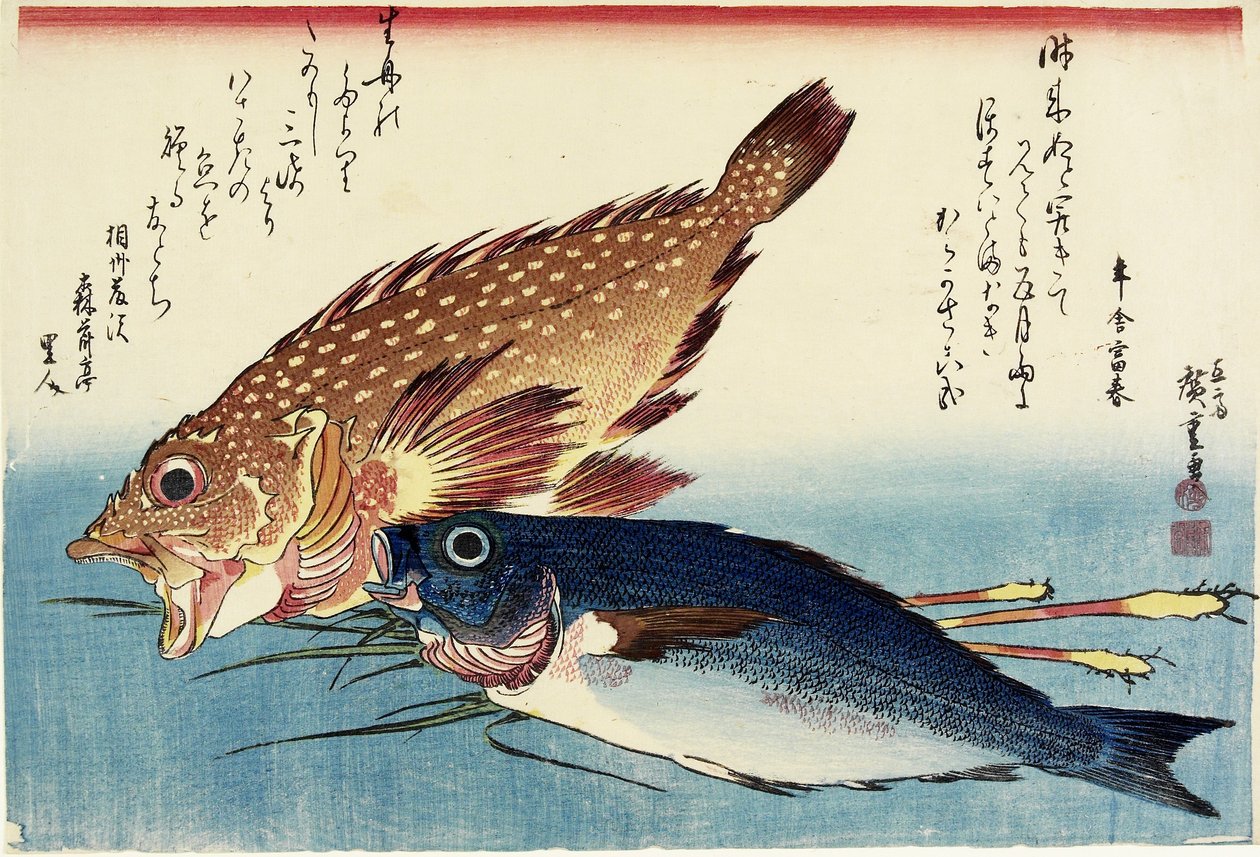 Skorpionfisch, Chicken Grunt und Ingwersprossen, ca. 1832 von Utagawa Hiroshige