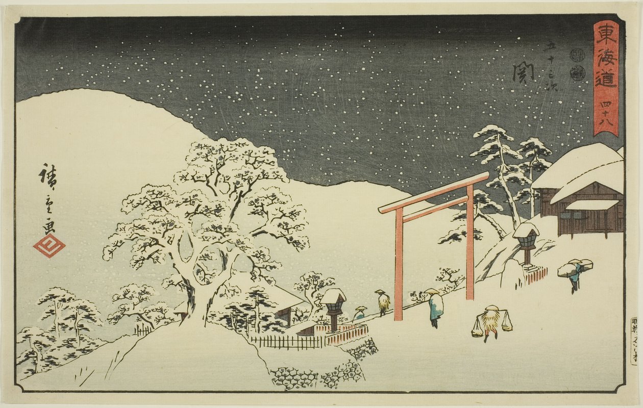 Seki—Nr. 48, aus der Serie "Dreiundfünfzig Stationen des Tokaido (Tokaido gojusan tsugi)", auch bekannt als Reisho Tokaido von Utagawa Hiroshige