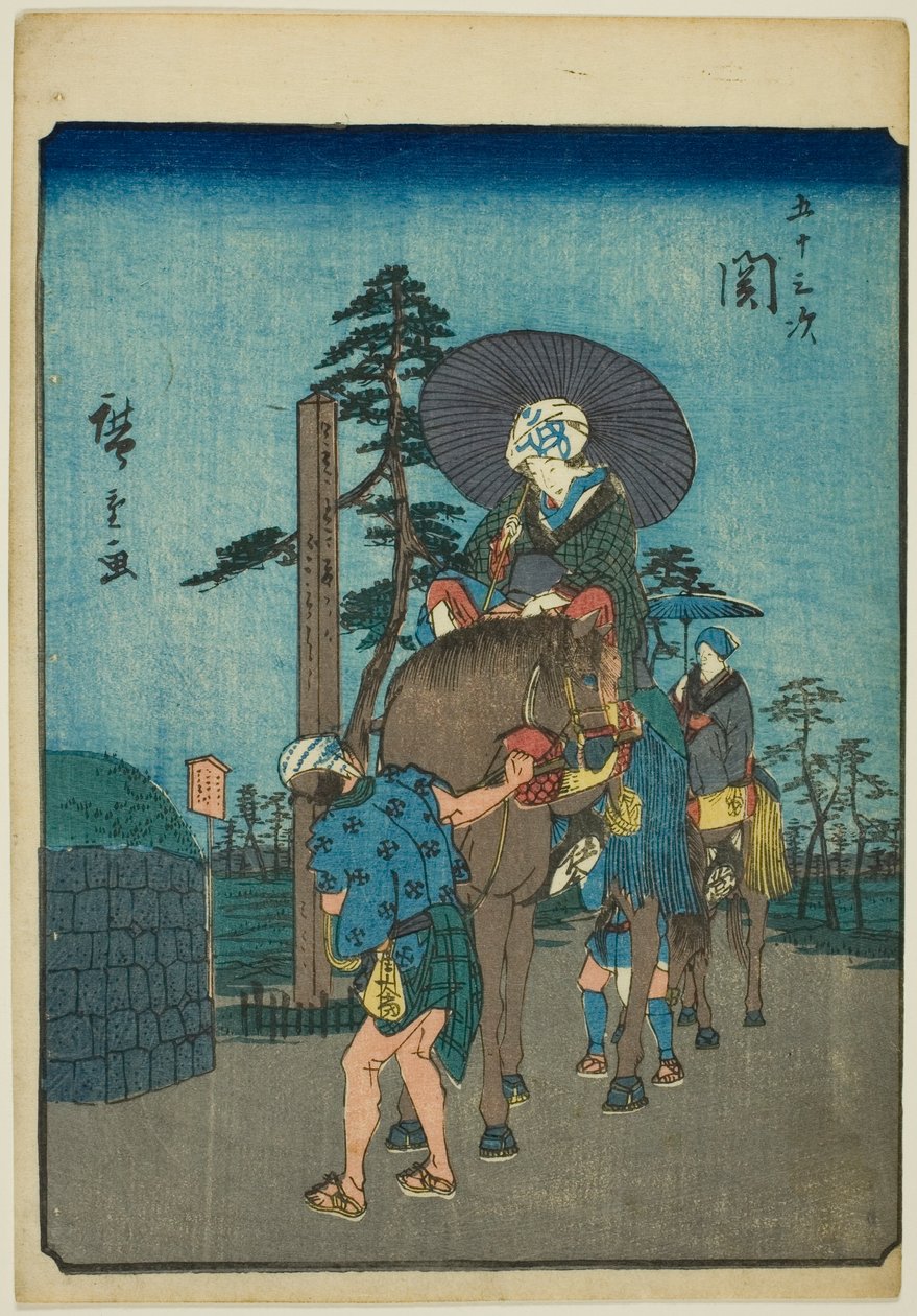 Seki, aus der Serie "Dreiundfünfzig Stationen [des Tokaido] (Gojusan tsugi)," auch bekannt als die Figuren-Tokaido (Jinbutsu Tokaido) von Utagawa Hiroshige