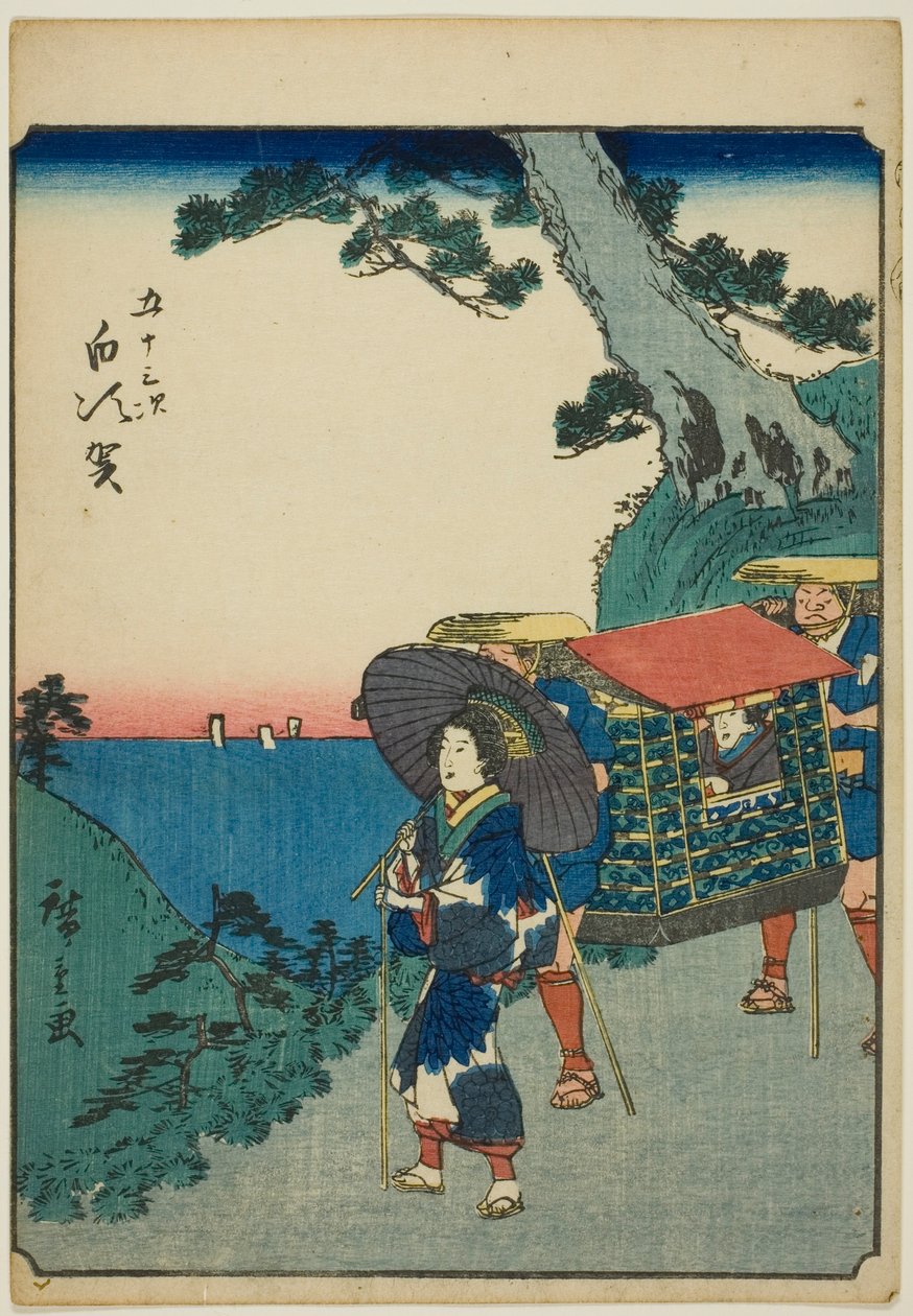 Shirasuka, aus der Serie "Dreiundfünfzig Stationen [des Tokaido] (Gojusan tsugi)," auch bekannt als die Figuren-Tokaido (Jinbutsu Tokaido) von Utagawa Hiroshige