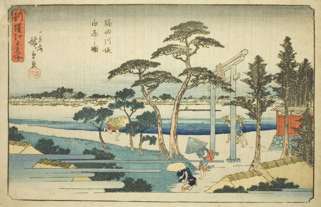 Regenschauer am Ufer des Sumida-Flusses, aus der Serie "Neu ausgewählte berühmte Orte in Edo" von Utagawa Hiroshige