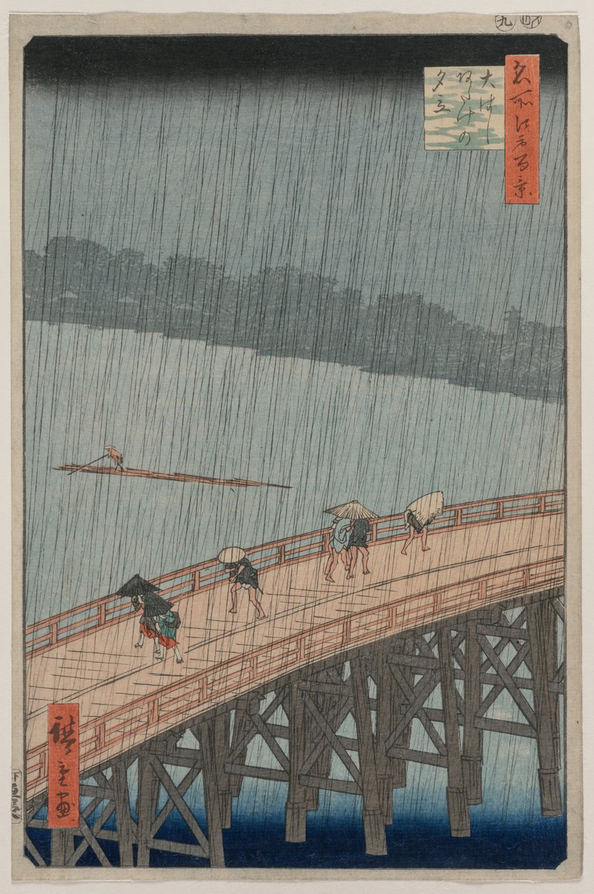 Plötzlicher Regenschauer über der Shin-Ōhashi-Brücke und Atake, aus der Serie Einhundert berühmte Ansichten von Edo von Utagawa Hiroshige