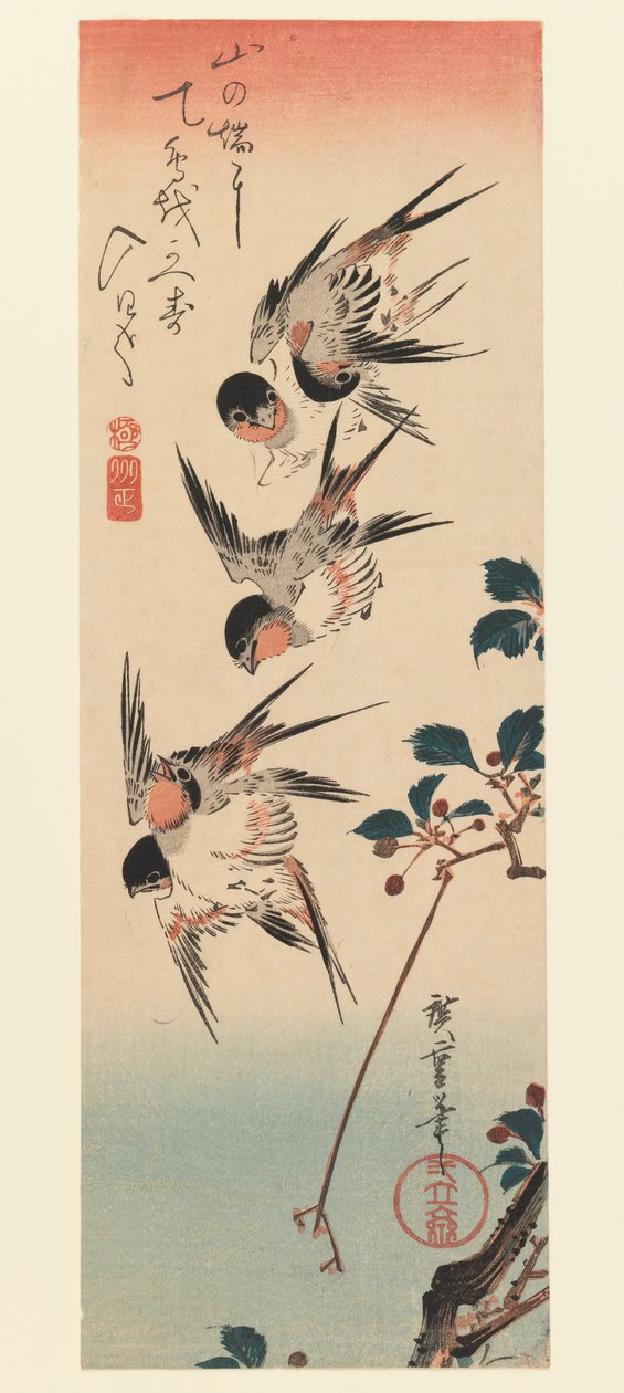 Tanzaku, vier Schwalben, 1832 von Utagawa Hiroshige