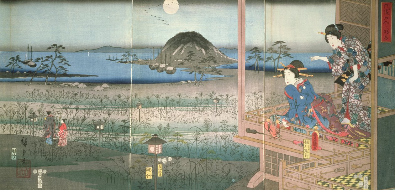 Die Dame Fujitsubo beobachtet Prinz Genji im Mondlicht, 1853 von Utagawa Hiroshige