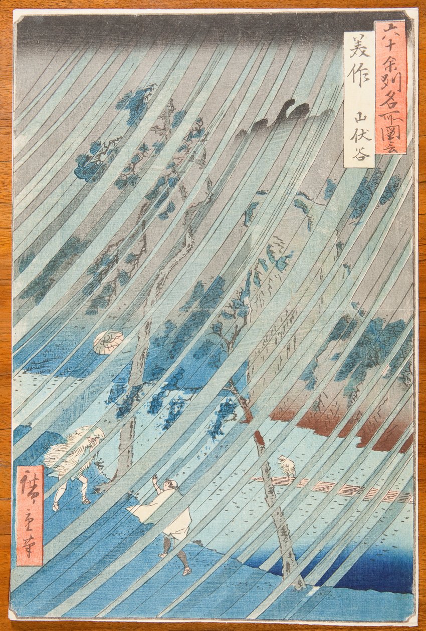 Regen in der Yamabushi-Tal in der Provinz Mimasaka / Mimasaka. Yamabushidani, Tafel 46. aus der Serie: Ansichten berühmter Orte in sechzig und einigen Provinzen / Rokuju yoshu meisho zue von Utagawa Hiroshige