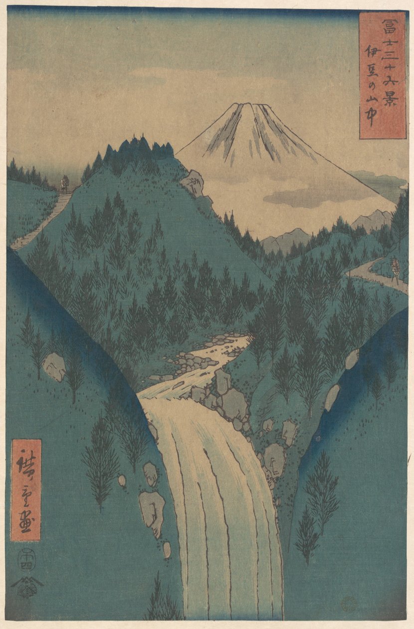 Blick auf den Fuji-san von den Bergen in der Provinz Izu, aus der Serie Sechsunddreißig Ansichten des Berges Fuji von Utagawa Hiroshige