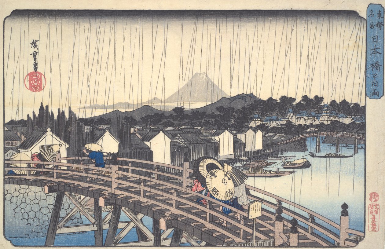 Weißer Regen auf der Nihon-Brücke, aus der Serie Berühmte Orte der östlichen Hauptstadt von Utagawa Hiroshige