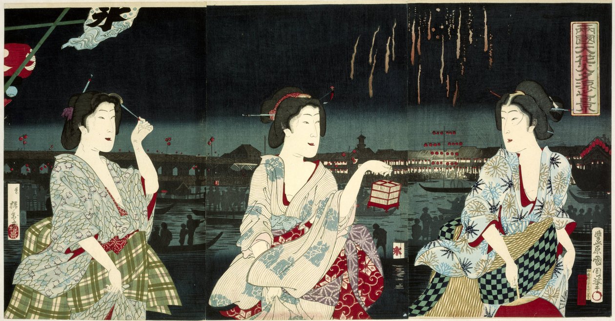 Genießen der Abendbrise während des Feuerwerks in Ryogoku von Utagawa Kunichika