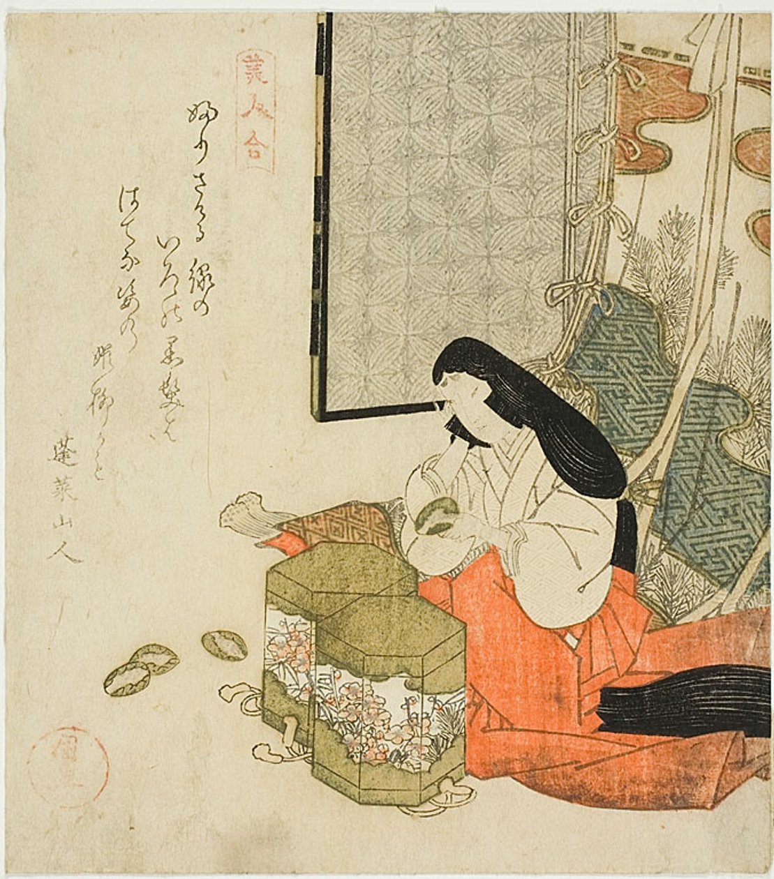 Hofdame beim Muschelspiel (Kaiawase), aus der Serie "Wettstreit der Schönheiten (Bijin awase)" von Utagawa Kuninao