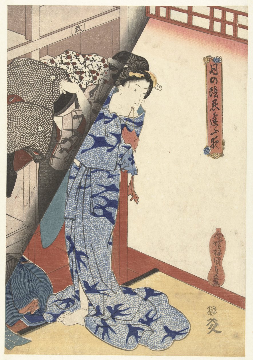 Frau verstaut einen Kimono (Geheime nächtliche Verabredungen bei Mondlicht) von Utagawa Kunisada (I)